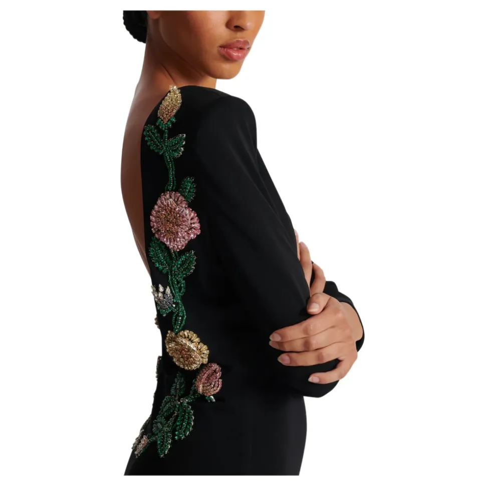Abito lungo senza schiena con ricamo di rose