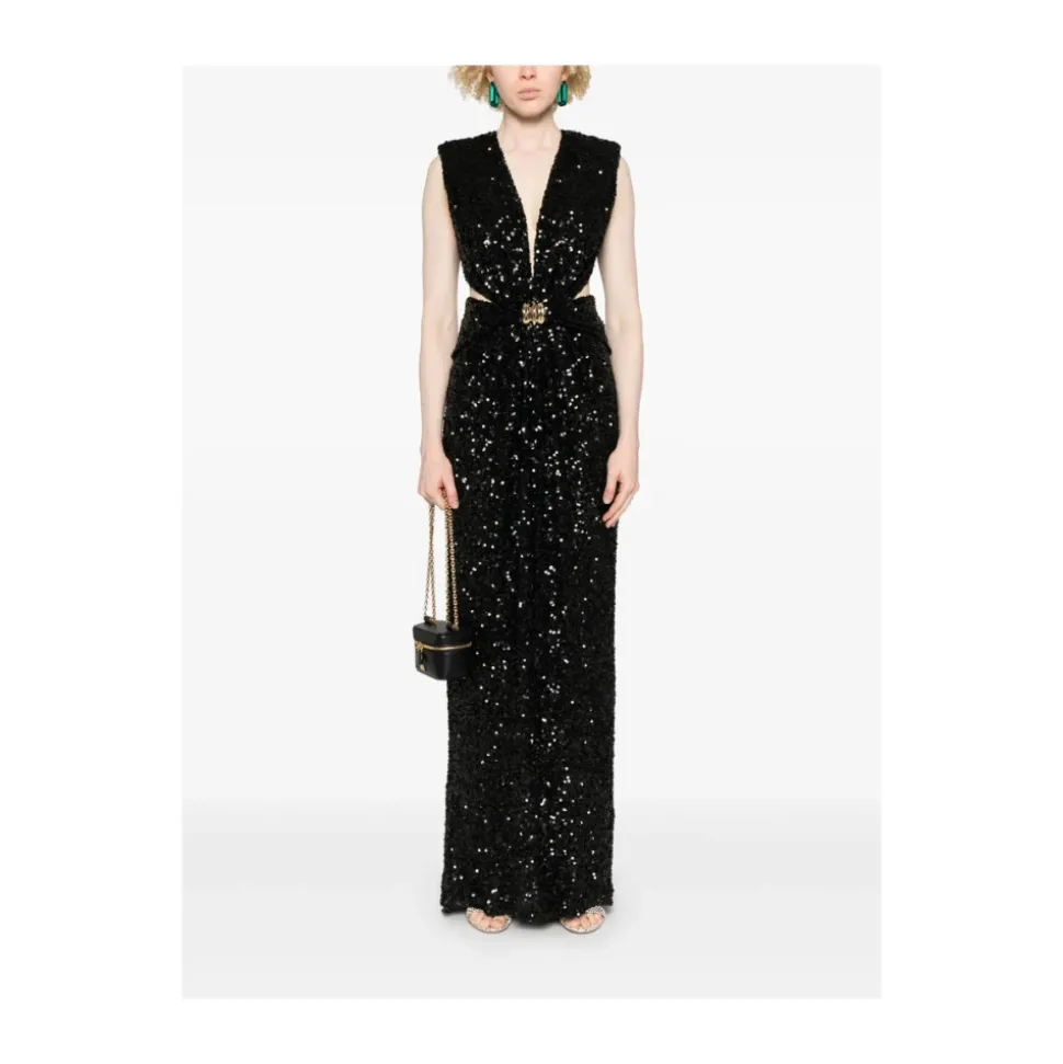 Abito Nero Senza Maniche con Scollo a V e Dettagli Cut-Out