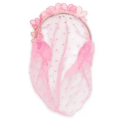 Accessorio per capelli con veletta in tulle rosa con ornamento floreale.