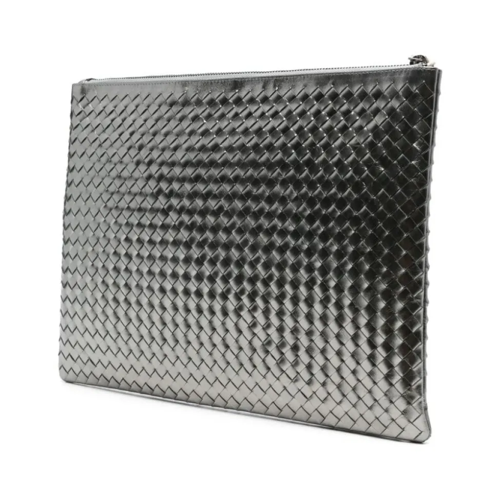 Borsa Argento in Pelle Metallica Intrecciata con Zip
