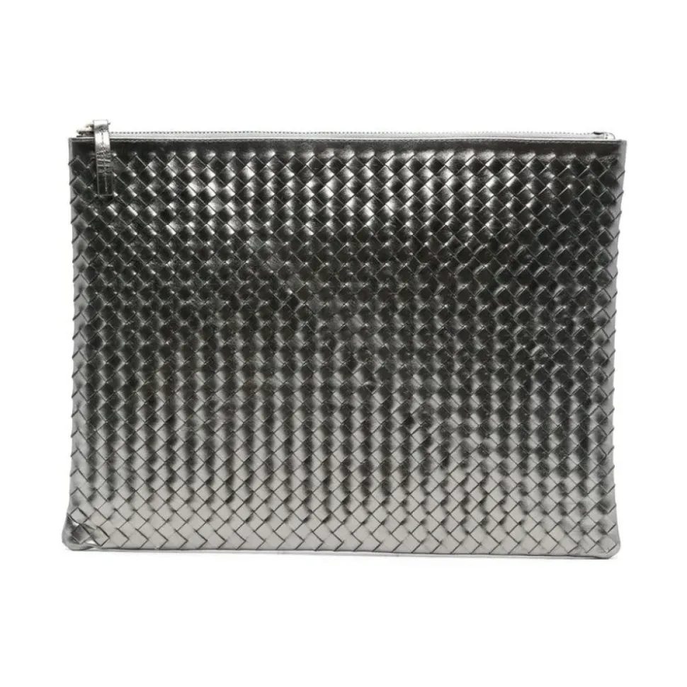Borsa Argento in Pelle Metallica Intrecciata con Zip