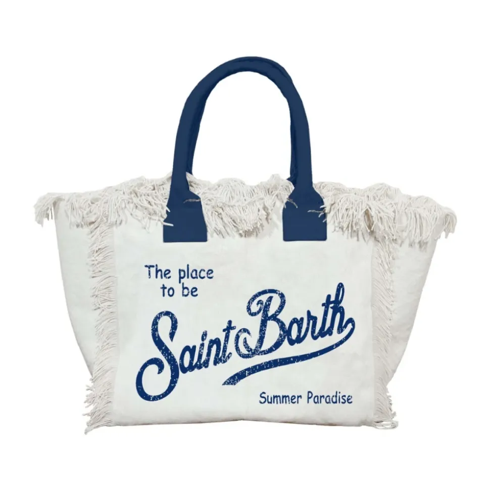 Borsa in tela di cotone con frange e logo