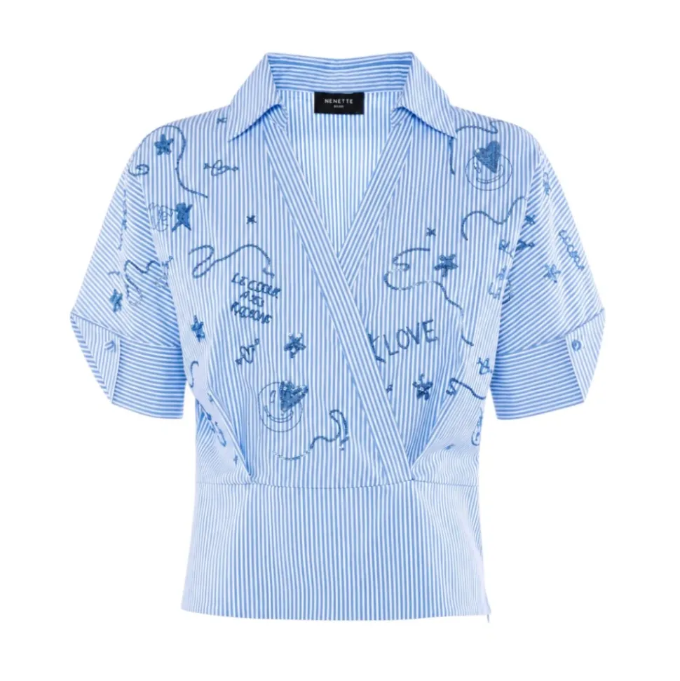 Camicia a Portafoglio Ricamata a Righe