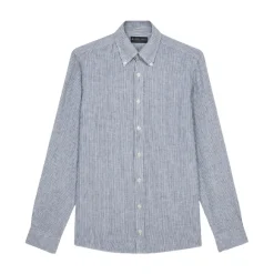 Camicia Casual a Righe Blu Navy in Lino