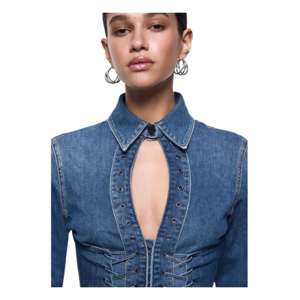 Camicia in denim slim fit con cut-out e dettagli stringati