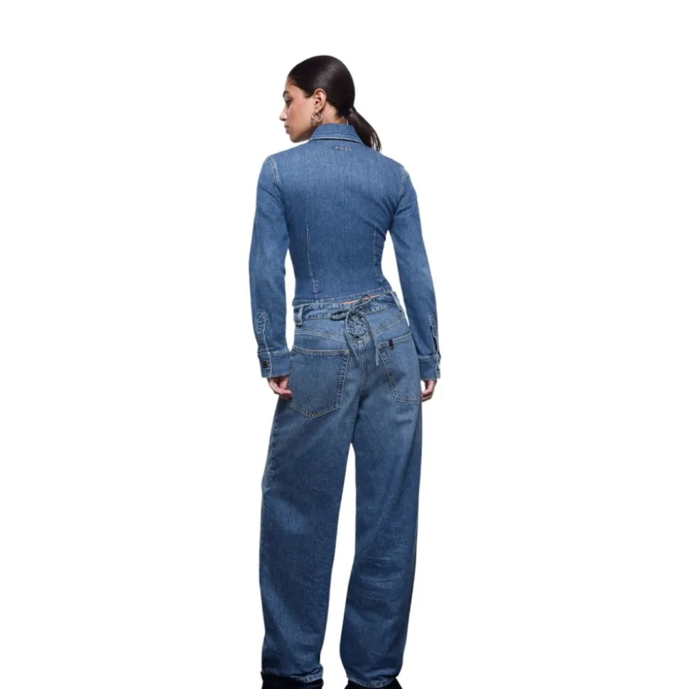 Camicia in denim slim fit con cut-out e dettagli stringati