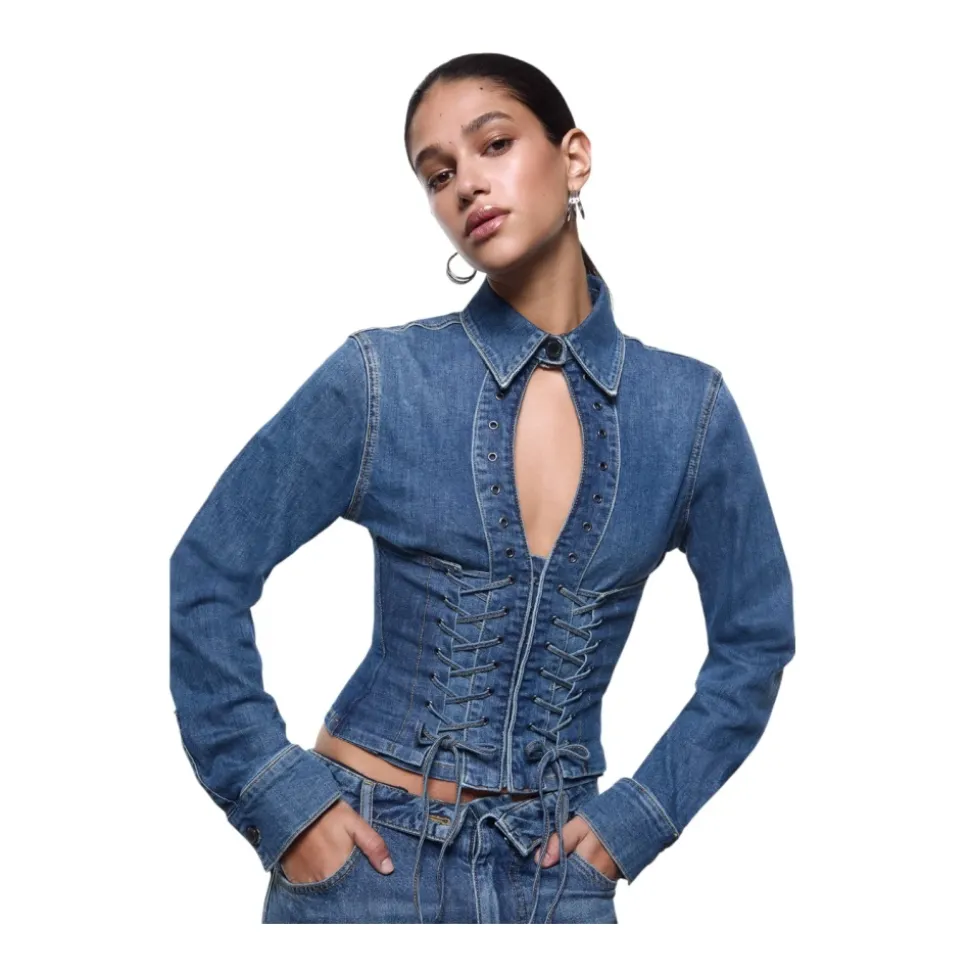 Camicia in denim slim fit con cut-out e dettagli stringati