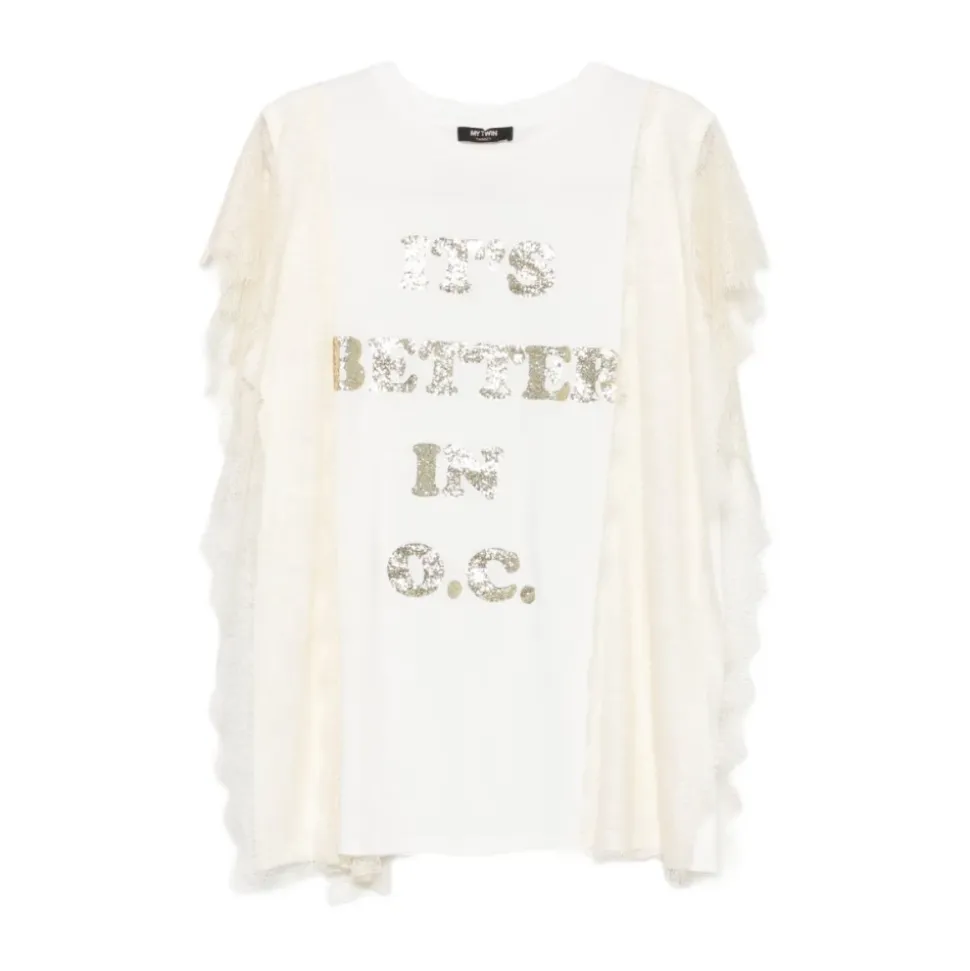 Camicia Panna Logo Paillettes