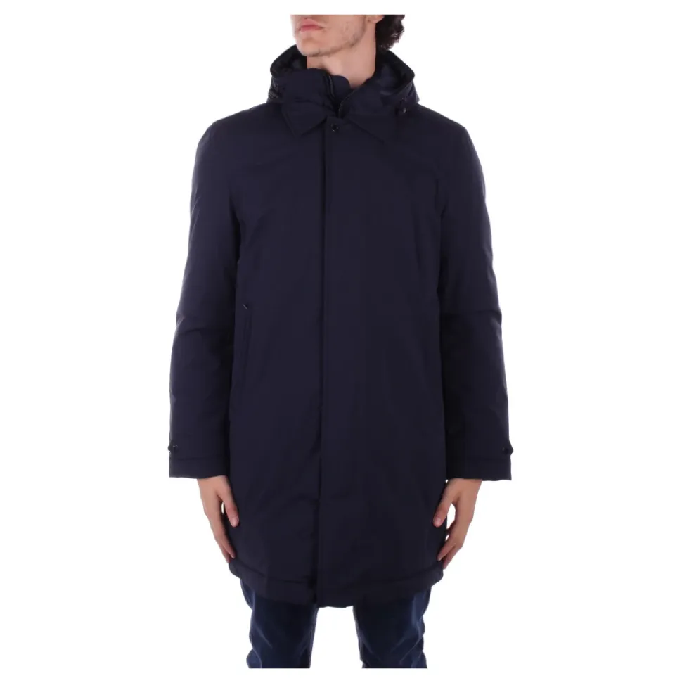 Cappotto blu con cappuccio e bottoni