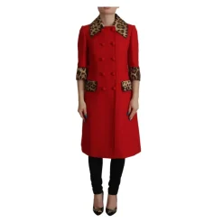 Cappotto in lana rosso con bordo leopardato