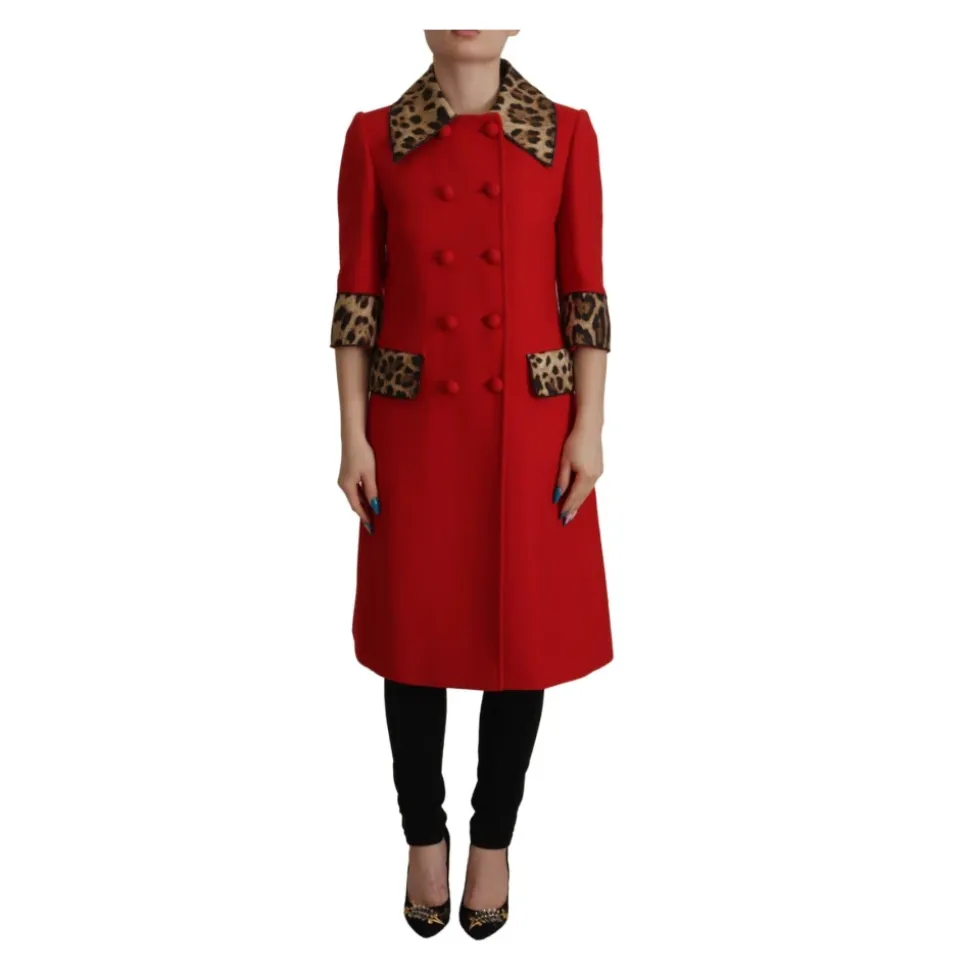 Cappotto in lana rosso con bordo leopardato