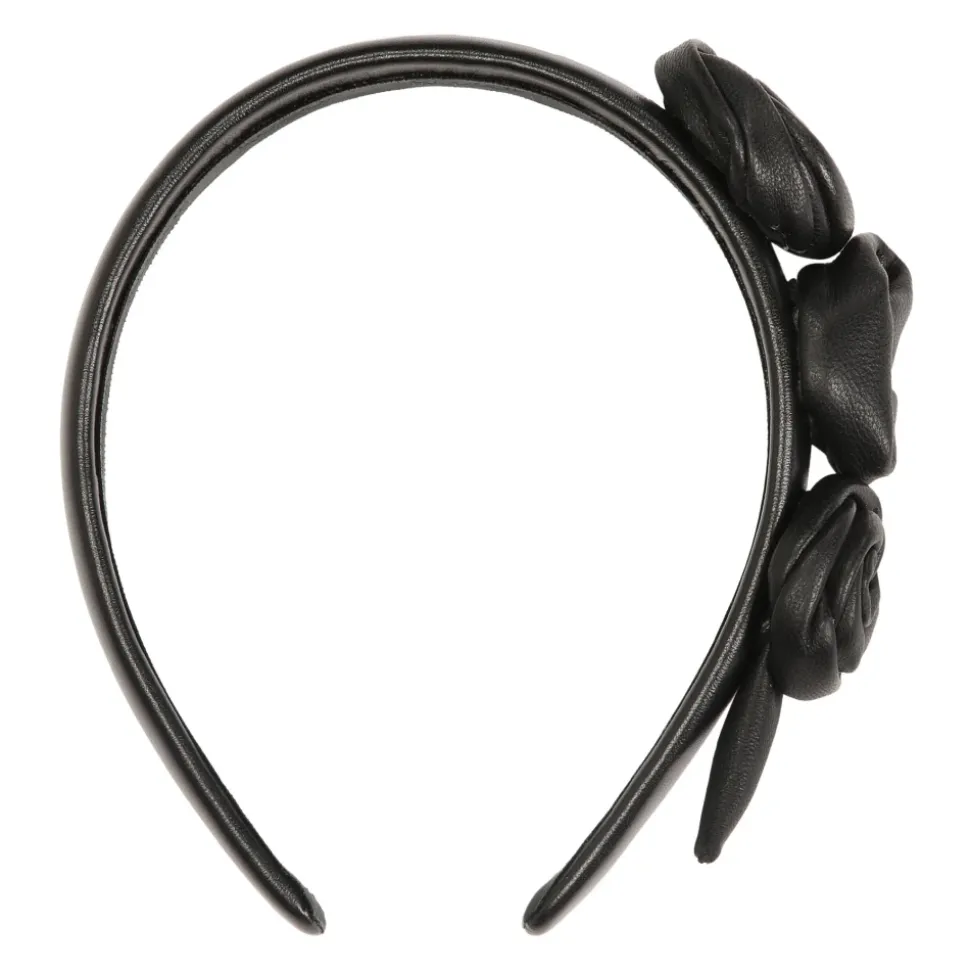 Fascia per capelli in pelle nera con rose