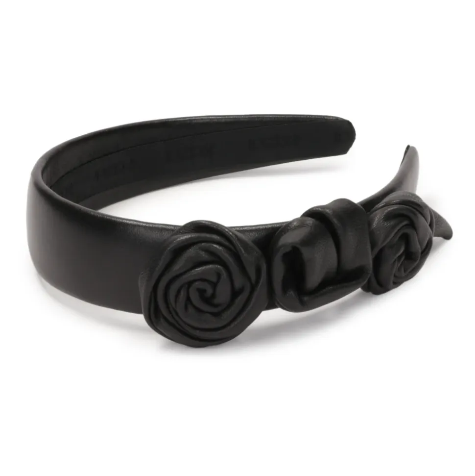 Fascia per capelli in pelle nera con rose