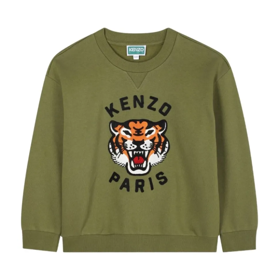 Felpa Verde con Tigre Ricamata per Ragazzi
