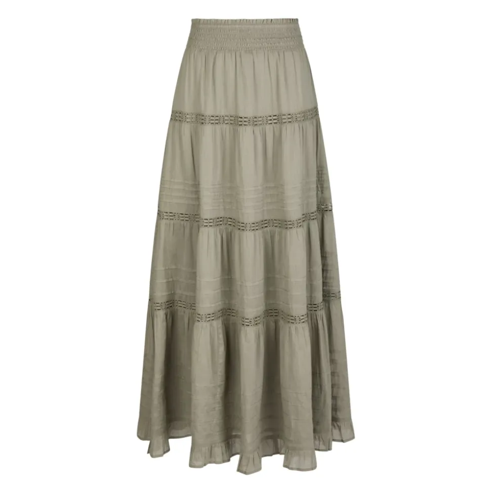 Gonna Lunga in Voile Verde Fumo con Dettagli in Pizzo