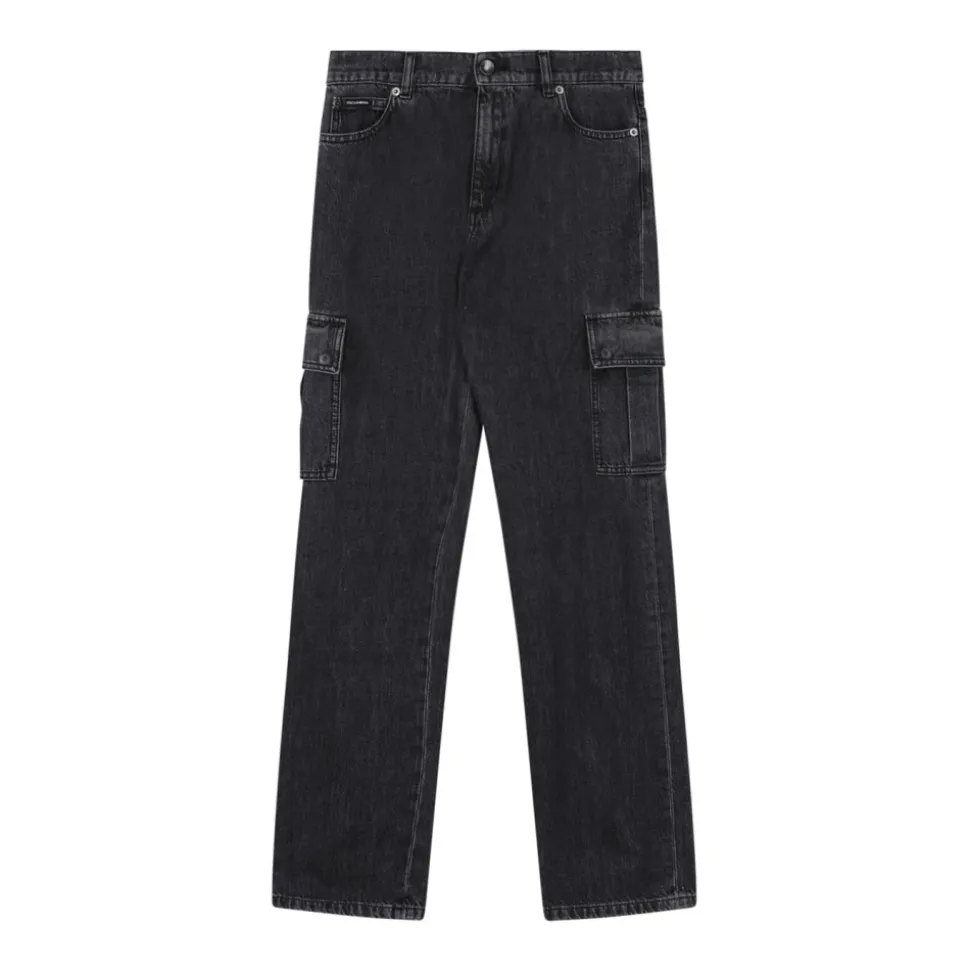 Jeans cargo in denim a 5 tasche con targhetta logo