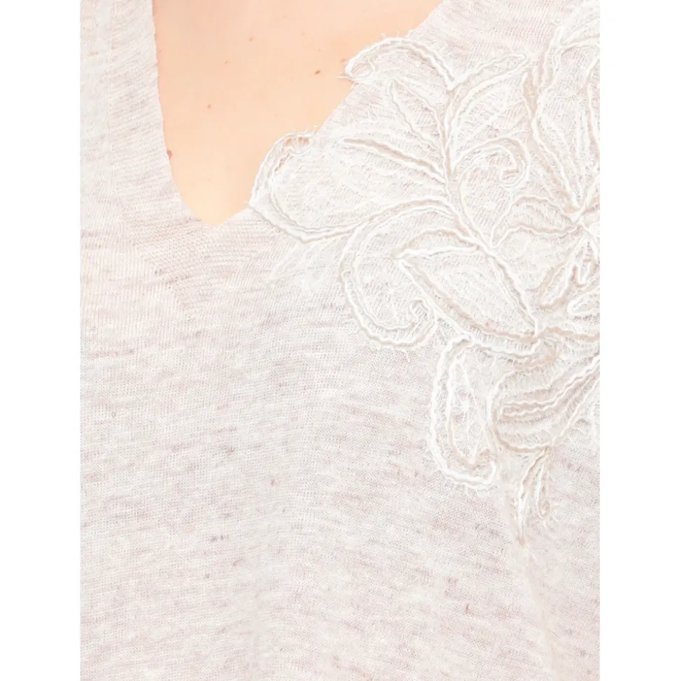Maglia a Maniche Corte con Scollo a V in Lino e Cotone
