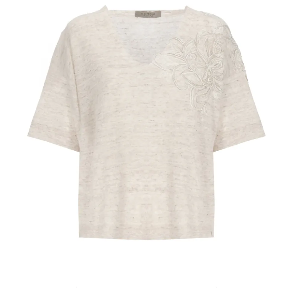 Maglia a Maniche Corte con Scollo a V in Lino e Cotone