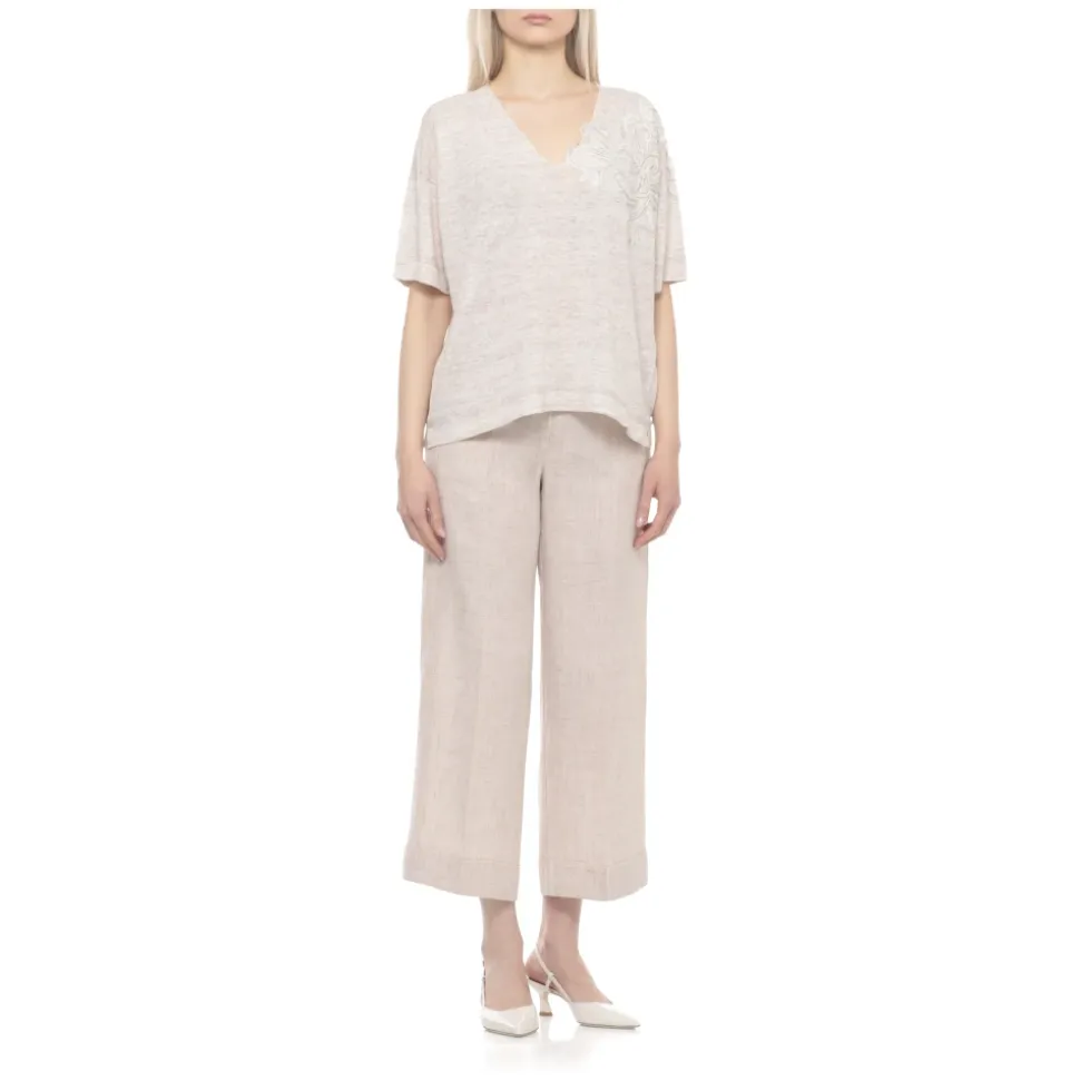 Maglia a Maniche Corte con Scollo a V in Lino e Cotone