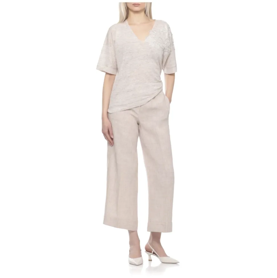 Maglia a Maniche Corte con Scollo a V in Lino e Cotone