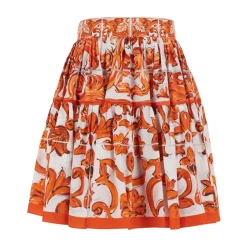 Minigonna Arancione con Stampa Maiolica All-Over in Cotone per Donna