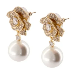 Orecchini Mini Fiore in Oro con Cristalli e Perle
