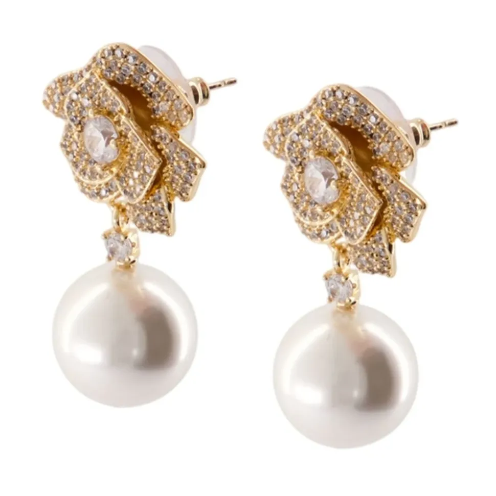 Orecchini Mini Fiore in Oro con Cristalli e Perle