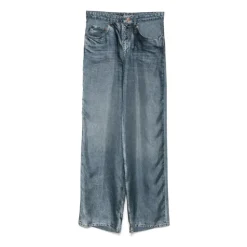 Pantaloni blu con zip e stampa trompe l`oeil