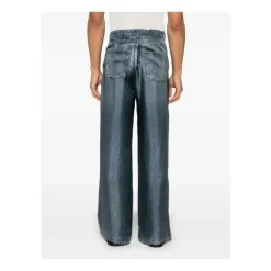 Pantaloni blu con zip e stampa trompe l`oeil