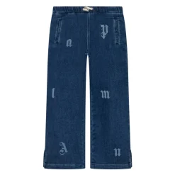 Pantaloni Denim a Gamba Larga con Scritte e Effetto Delavato