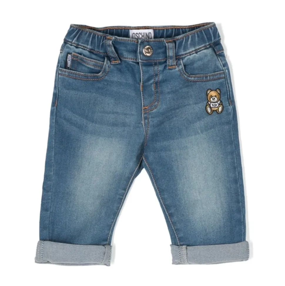 Pantaloni in denim stretch con toppa Teddy
