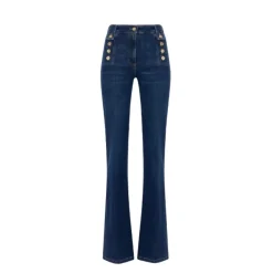Pantaloni Palazzo Denim con Bottoni Oro