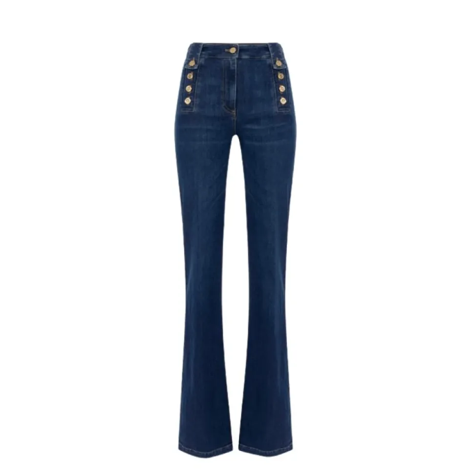 Pantaloni Palazzo Denim con Bottoni Oro