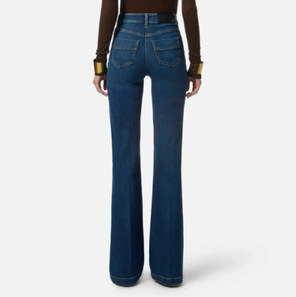 Pantaloni Palazzo Denim con Bottoni Oro