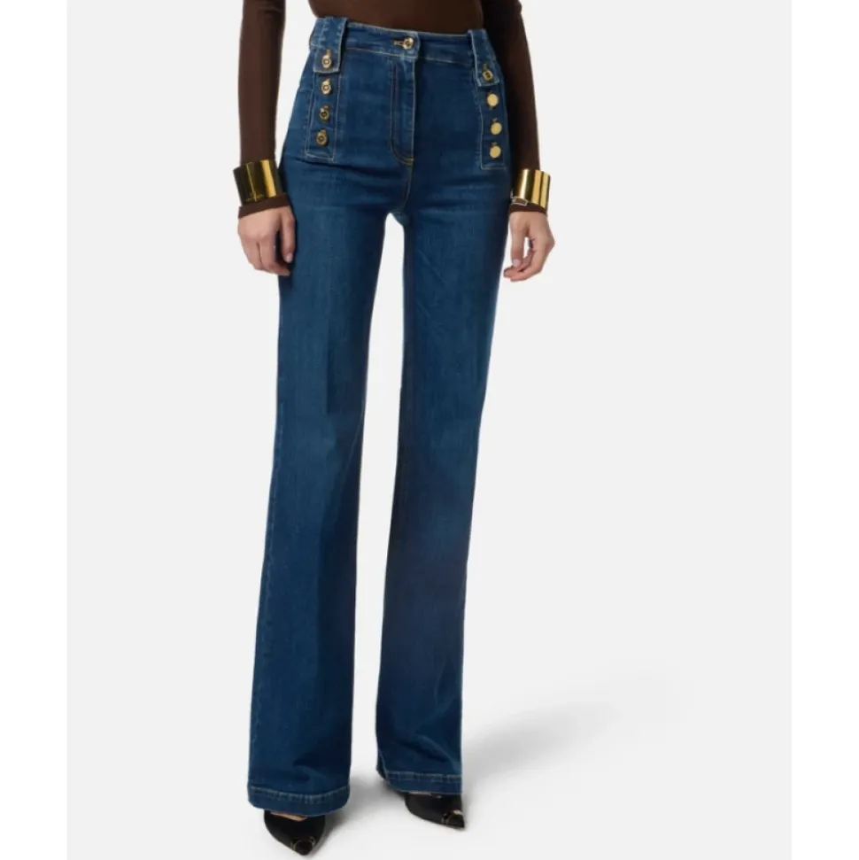 Pantaloni Palazzo Denim con Bottoni Oro
