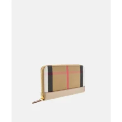 Portafoglio a Scacchi in Pelle Beige con Cerniera