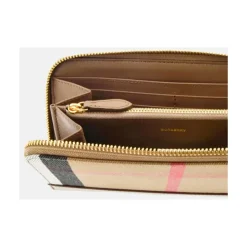 Portafoglio a Scacchi in Pelle Beige con Cerniera