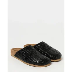 Sabot in Pelle Intrecciata Nera con Tacco Basso