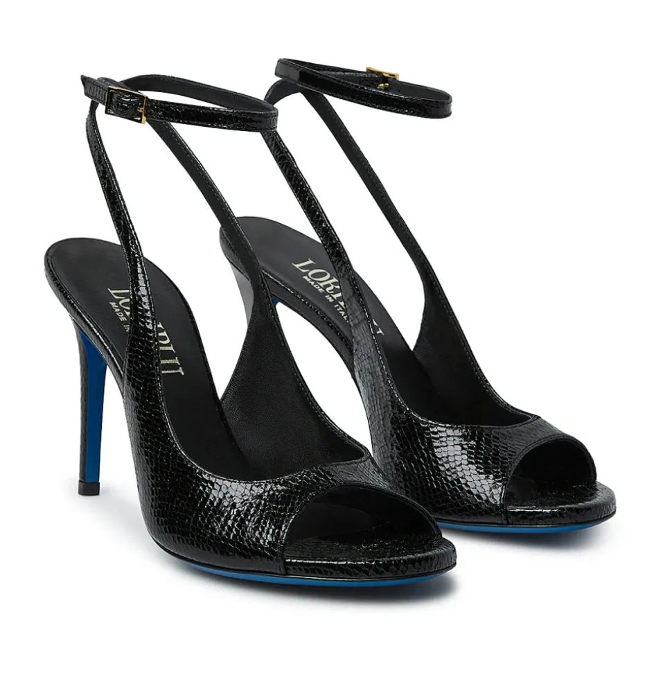 Sandalo in pelle nera lucida effetto snake