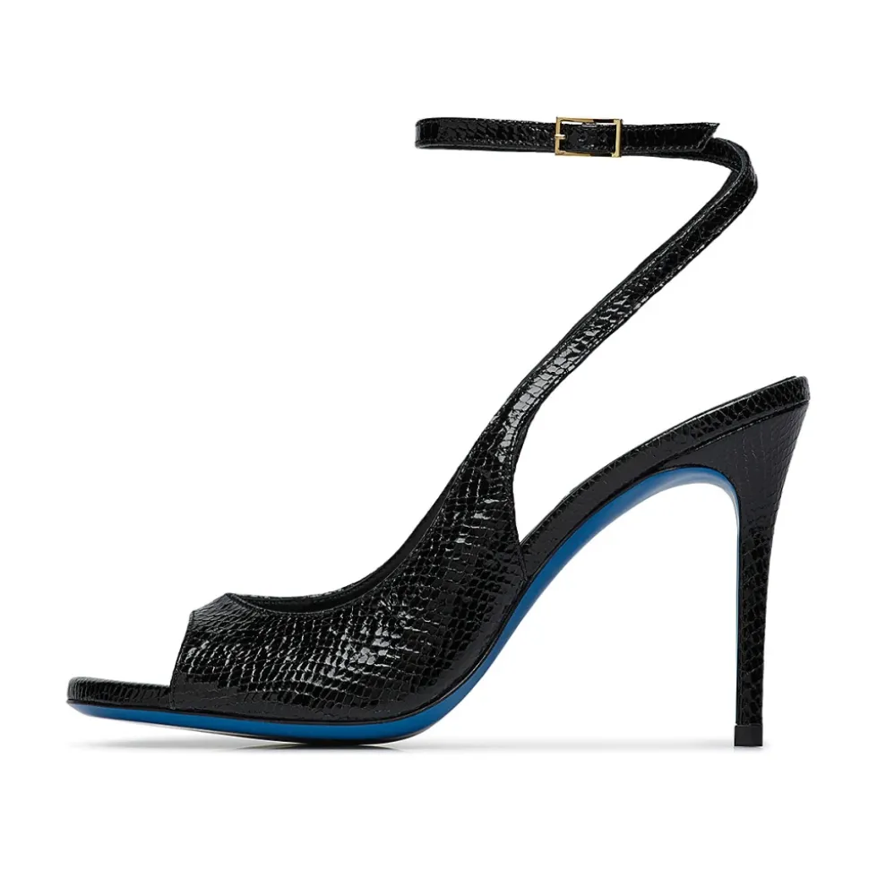 Sandalo in pelle nera lucida effetto snake