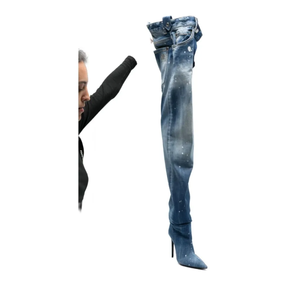 Stivaletti in Denim Blu con Tacco