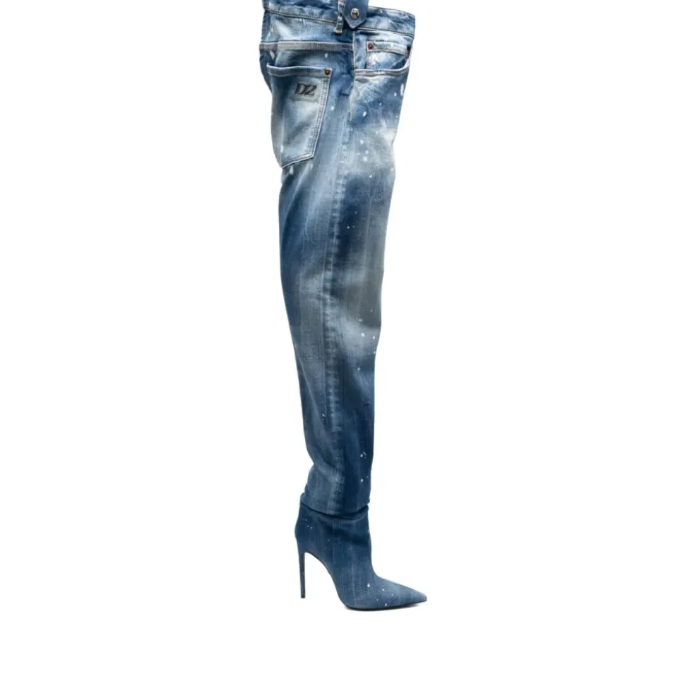 Stivaletti in Denim Blu con Tacco