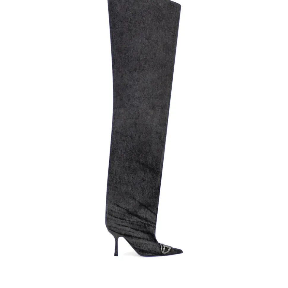 Stivali Neri in Denim Sopra il Ginocchio