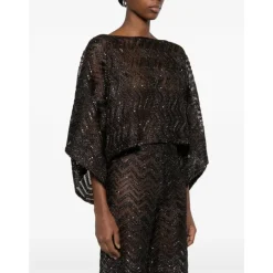 Top a rete a zigzag con paillettes e maniche ampie