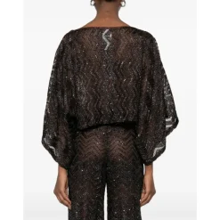 Top a rete a zigzag con paillettes e maniche ampie