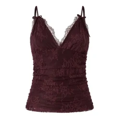 Top smanicato con ruches e pizzo floreale con scollo a V