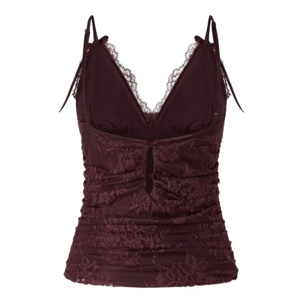 Top smanicato con ruches e pizzo floreale con scollo a V