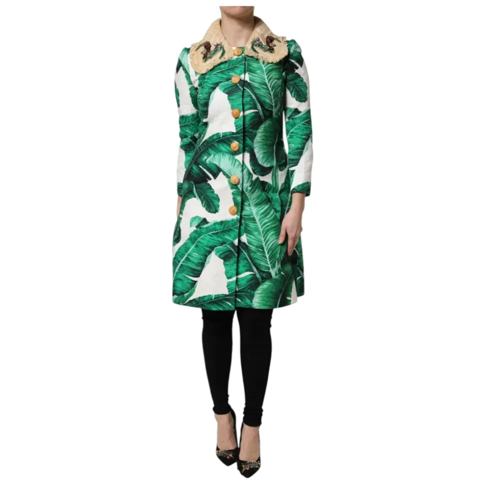 Trenchcoat Giacca Stampata a Foglie Multicolor